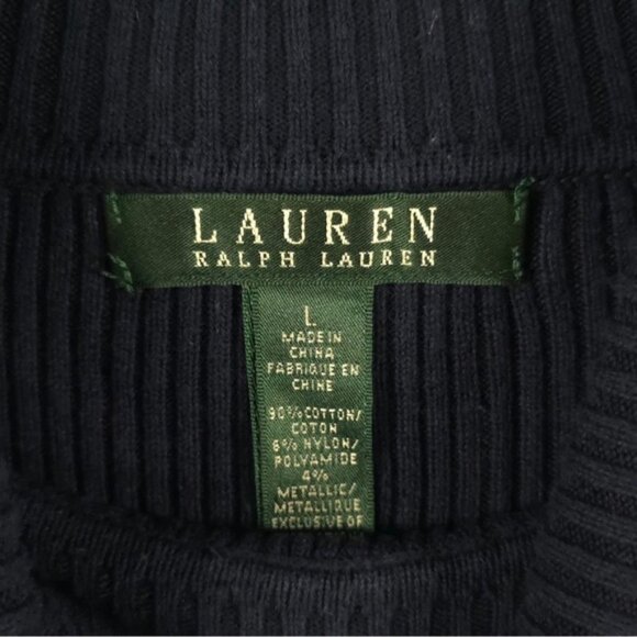 LAUREN RALPH LAUREN LOGO Navy Gold Metallic Stripe Cotton Blend Ribbed Sweater L - Picture 4 of 9